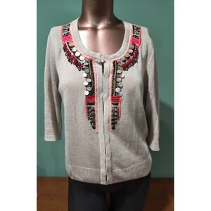 Chicos Embellished Beaded Sequins Neckline Cardigan 3/4 Sleeve Beige Sz 0